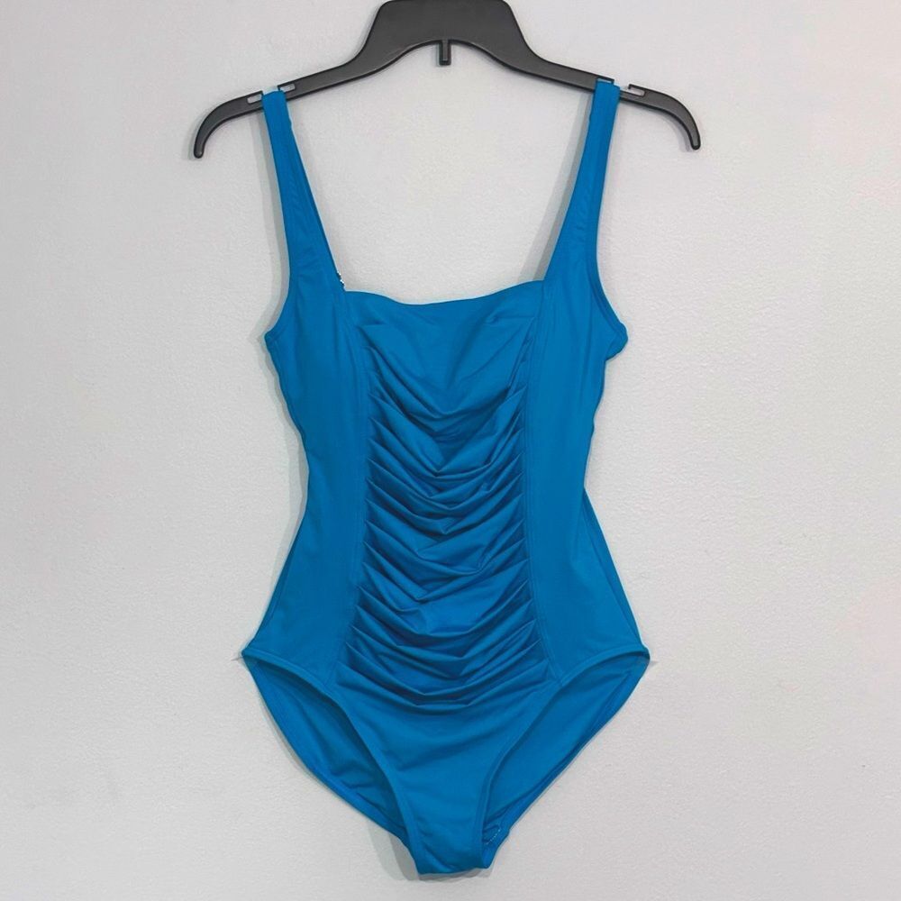 CALVIN KLEIN | Shimmer Teal Blue Pleated One-Piece Swimsuit Bathing Suit Size 6